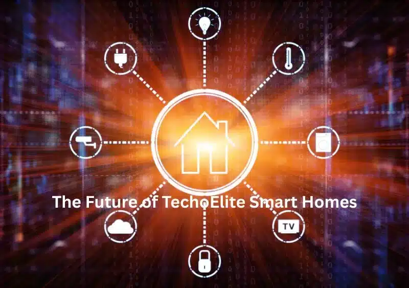 A futuristic representation of a smart home with interconnected devices such as lighting, security, temperature control, and media. The image showcases the concept of TechoElite Smart Homes, highlighting innovation and technology.