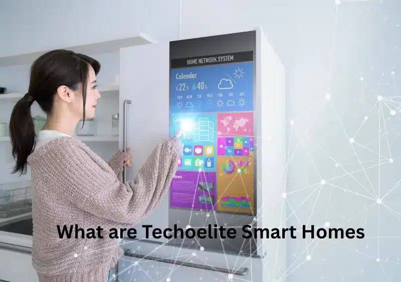 Woman using a smart home control panel on a futuristic fridge screen. Shows calendar, weather, maps, and apps. Concept of TechoElite Smart Homes and home automation technology.