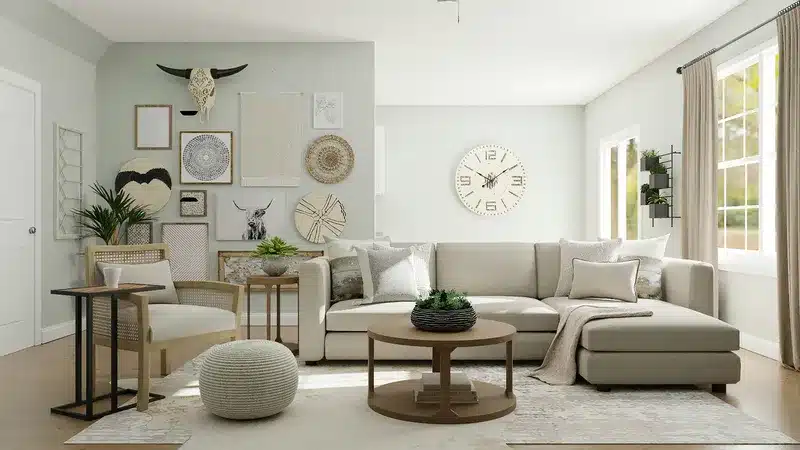 Cozy living room with neutral tones, modern furniture, and stylish wall decor, including framed artwork, a clock, and plants, creating a warm and inviting atmosphere.