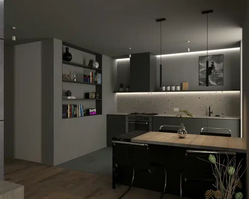 Modern kitchen with sleek grey cabinets, open shelving displaying books and decor, and ambient lighting. A "GAME OVER" neon sign adds a playful touch, while the kitchen countertop features a small plant and a contemporary design. Perfect setting for DrHomey’s time-saving kitchen tips.