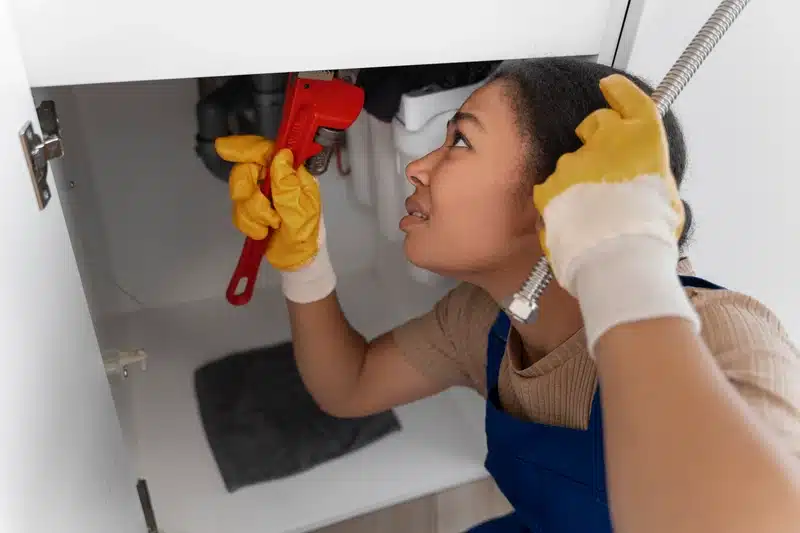 A person in yellow gloves using a pipe wrench to fix plumbing under a bathroom sink. The image showcases the effort to address common bathroom plumbing problems.