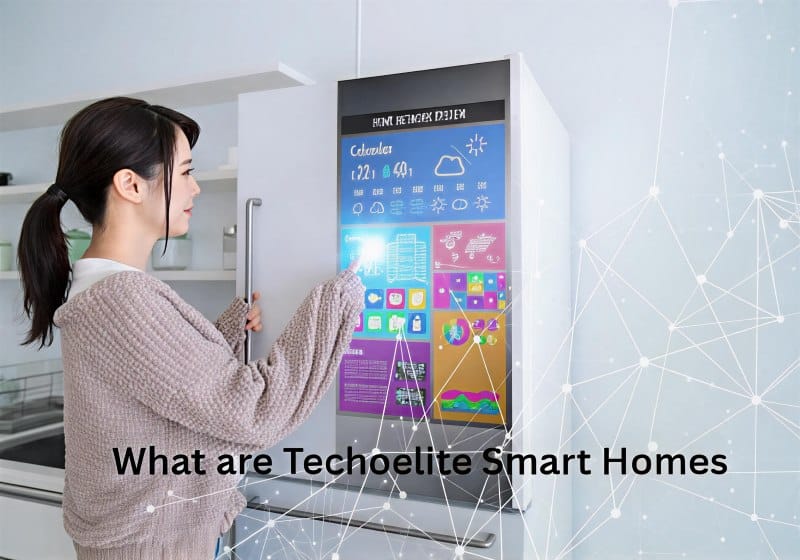 Woman using a smart touchscreen on a refrigerator in a modern kitchen.