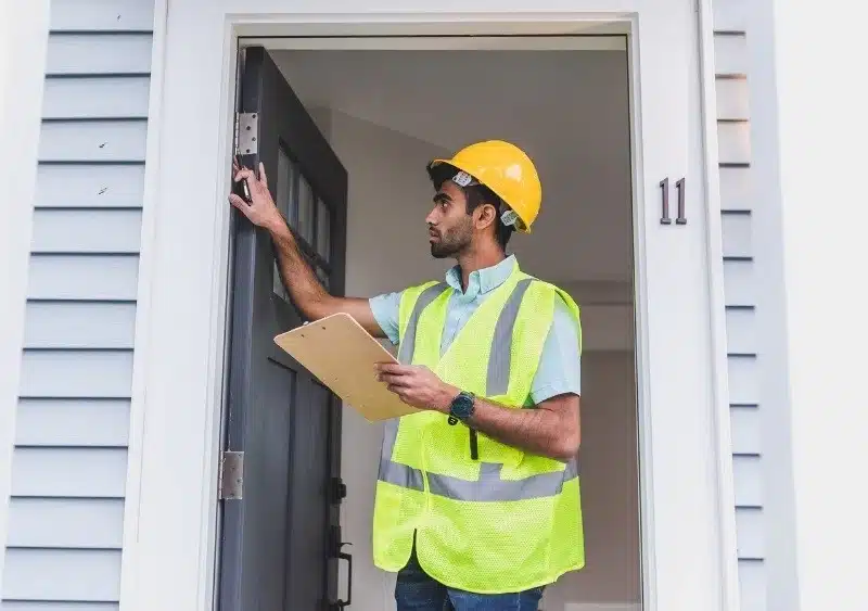 Simple Care Strategies That Keep Properties Safe and Lasting in Fredericksburg Property inspector wearing a hard hat and safety vest checking a door frame with clipboard, ensuring property maintenance and safety at house number 11.