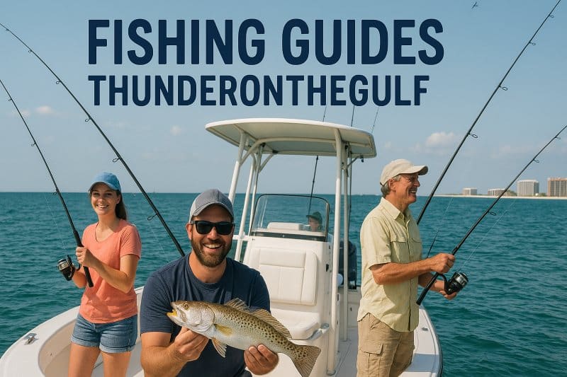 Fishing Guides ThunderontheGulf: Where Every Trip Becomes a Story Three people on a boat holding fishing rods, one man smiling and showing a freshly caught fish, with the text “Fishing Guides ThunderontheGulf” above.