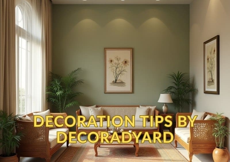 Elegant living room with green walls, wooden furniture, and plants — decoration tips by Decoradyard.