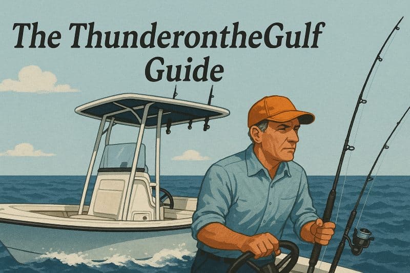Illustration of a man in an orange cap and blue shirt fishing from a boat on the Gulf, holding two fishing rods, with the text “The ThunderontheGulf Guide.”