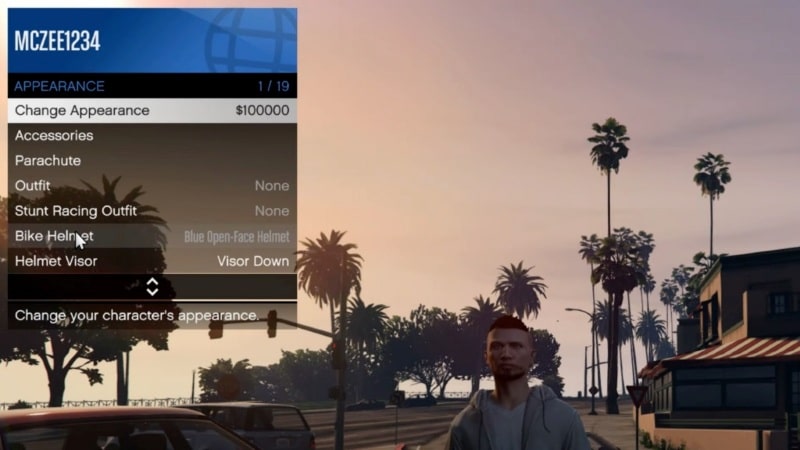 GTA 5 screenshot showing the character customization menu with appearance options and the player character outdoors.
