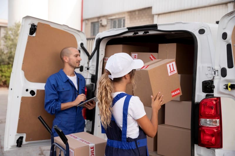 Packing, Heavy Lifting, and Unpacking: Why Families Deserve Full-Service Moving Two professional movers loading labeled cardboard boxes into a delivery van, demonstrating full-service moving with packing, heavy lifting, and organized loading for a family relocation.