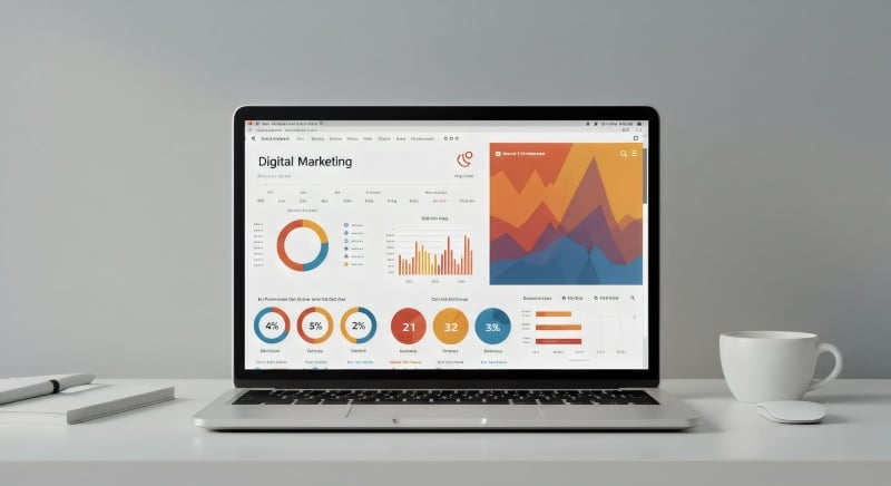 Outsourcing marketing shown through digital marketing analytics and performance dashboards.
