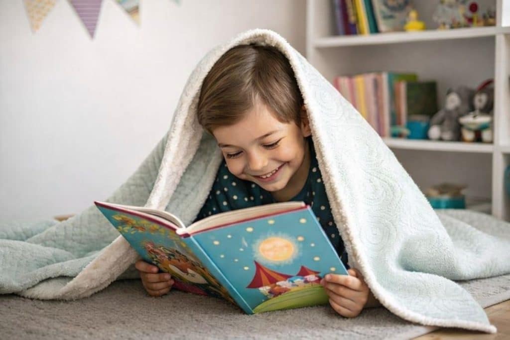 Child Reading Under a Blanket.