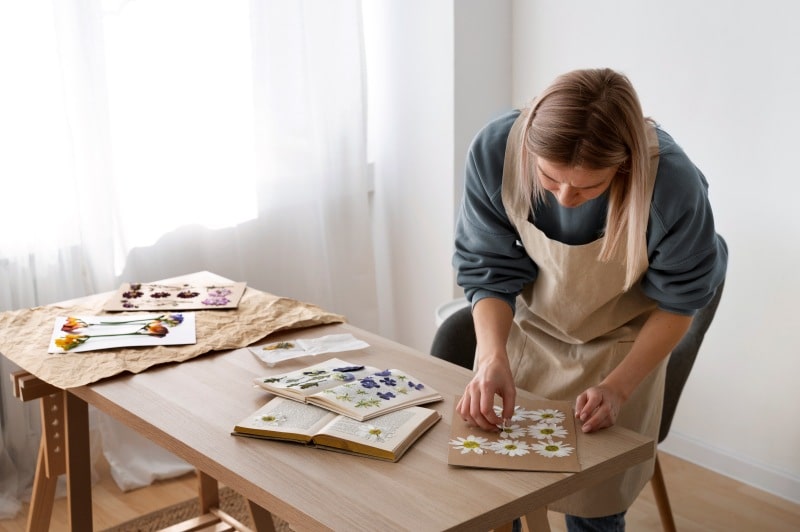 Woman creating pressed flower craft at table, a relaxing DIY activity and one of the creative Things to Do When Bored at home.