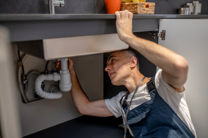 How Hiring a Local Plumber Transforms Your Homes Plumbing? Local plumber repairing kitchen sink pipes to improve home plumbing system and prevent leaks under the cabinet.