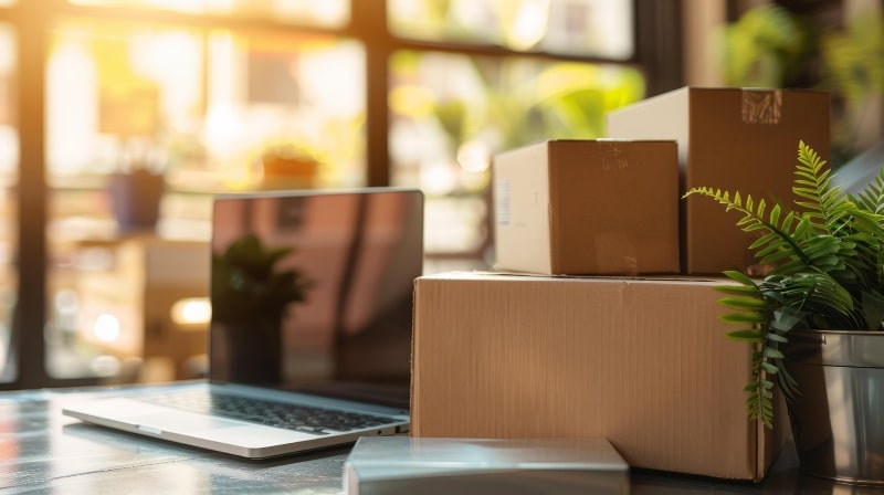Laptop beside shipping boxes on a desk representing a small online business operating from home without a physical office address.