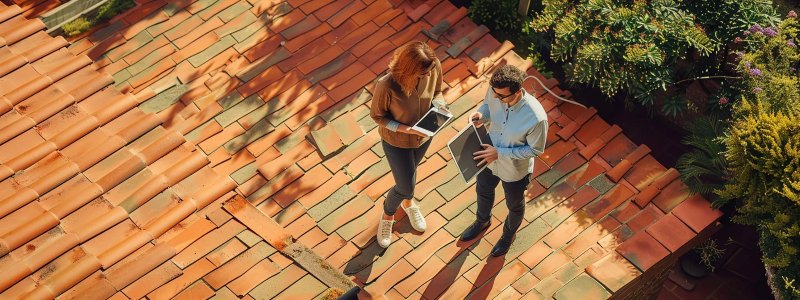 Two people inspecting a red clay tile roof to check condition, maintenance needs, and surface wear.