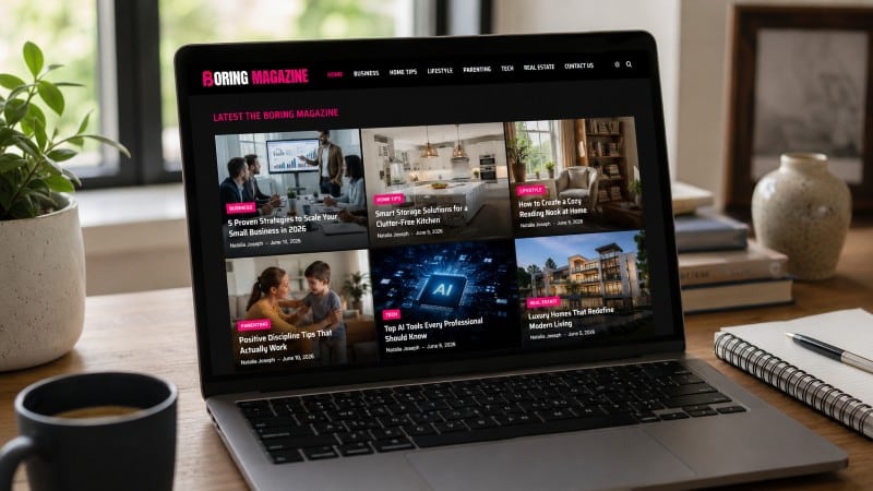 Laptop showing The Boring Magazine article grid on a wooden desk.