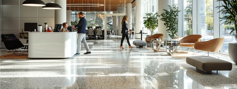 Terrazzo Flooring in a modern lobby with polished floors, seating, plants, and a clean interior layout.