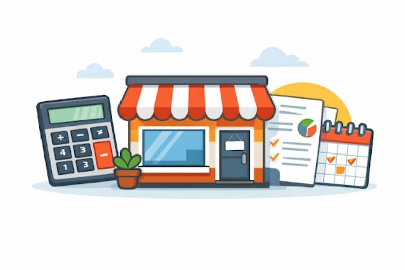 Essential Tax Planning Strategies for Small Business Owners Small business storefront with calculator, tax report, and calendar showing Tax Planning tasks for managing business finances.