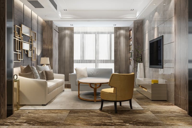Ethical Elegance: Must-Have Sustainable Materials for a High-End Home Makeover Modern luxury living room with natural wood panels, stone flooring, and elegant Sustainable Materials for a high-end home makeover.