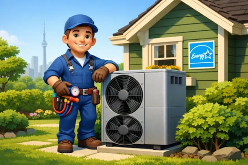 Top 7 Heat Pump Installation Companies in Toronto: The Ultimate Guide for Homeowners HVAC technician standing beside an outdoor heat pump unit at a Toronto home.