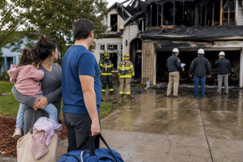 Post-Fire Recovery: Essential Safety and Cleanup Steps Family watches firefighters and restoration professionals assess a severely fire-damaged home during post-fire recovery.