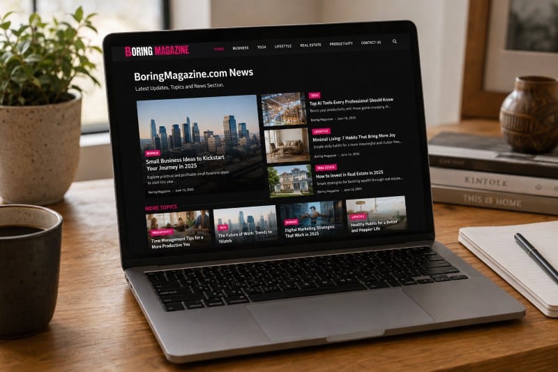 BoringMagazine.com News: Latest Updates, Topics and News Section Laptop displaying the BoringMagazine.com News section with article cards on a wooden desk.