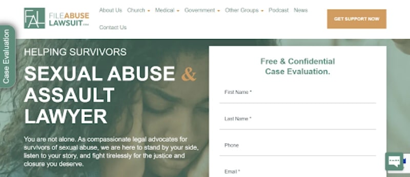 Dolman Law Group sexual abuse and assault lawyer page with a free confidential case evaluation form.
