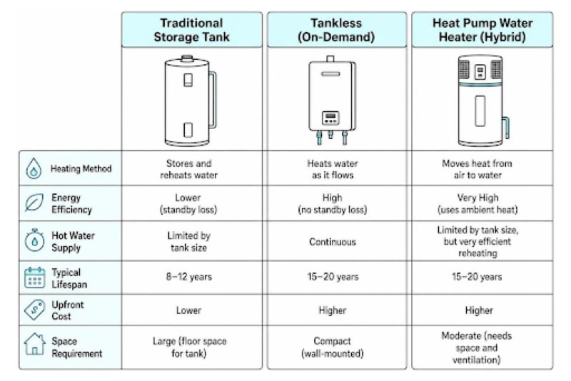 Comparison chart showing traditional storage tank, tankless, and heat pump water heaters by efficiency, lifespan, cost, and space.