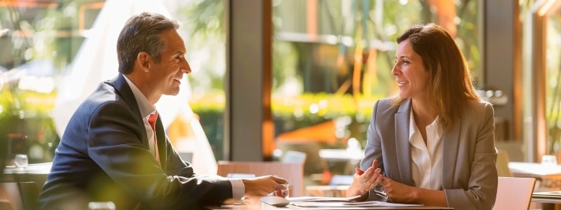 Two professionals discussing ideas across a table in a bright indoor setting.