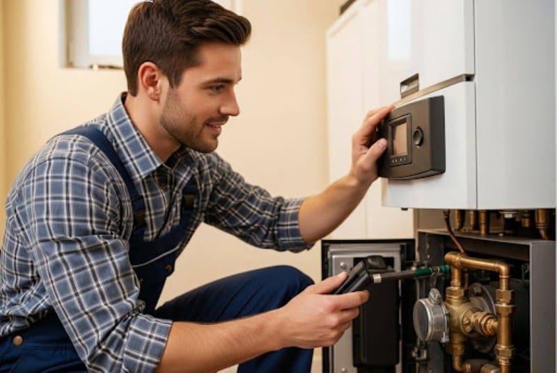 HVAC technician inspecting a modern heating system as part of energy-efficient HVAC services.