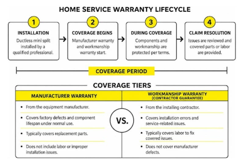 Home Services warranty lifecycle showing installation, coverage period, claims, and manufacturer vs workmanship coverage.