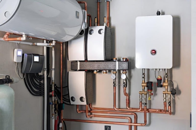 The Benefits of Energy-Efficient HVAC Services Energy-efficient HVAC and water heating system with modern pipes and heating equipment installed in a home.