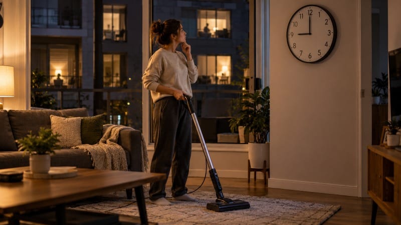 How Late Is Too Late to Vacuum in an Apartment? + Quiet-Hours Checklist Resident checking the time before vacuuming an apartment at night.