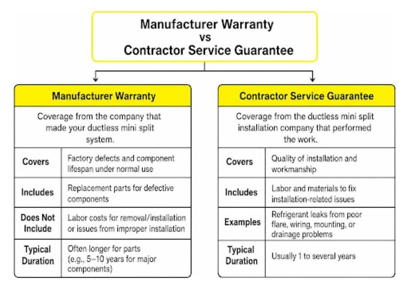 Manufacturer warranty vs contractor workmanship guarantee showing coverage, exclusions, and typical duration.
