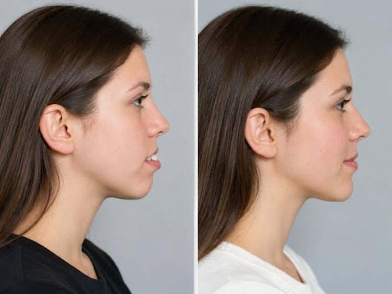 Side-by-side profile images of a woman showing differences in jaw alignment, chin position, and facial balance.