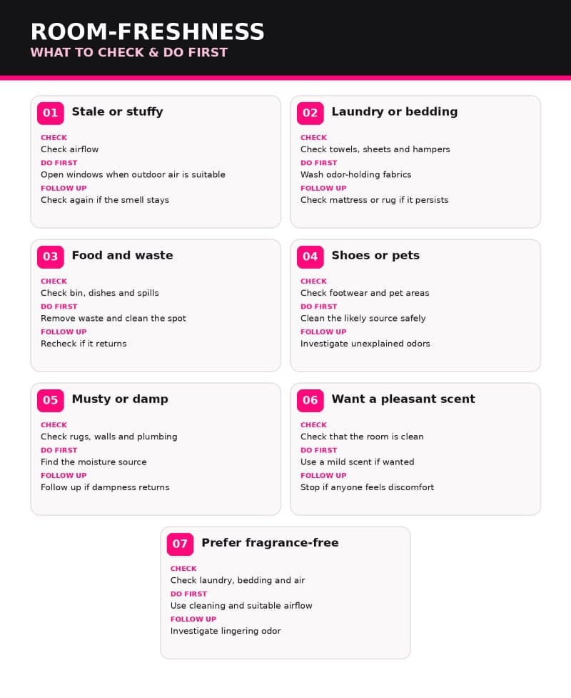 Infographic showing how to make a room smell good by identifying odor sources and choosing suitable cleaning methods.