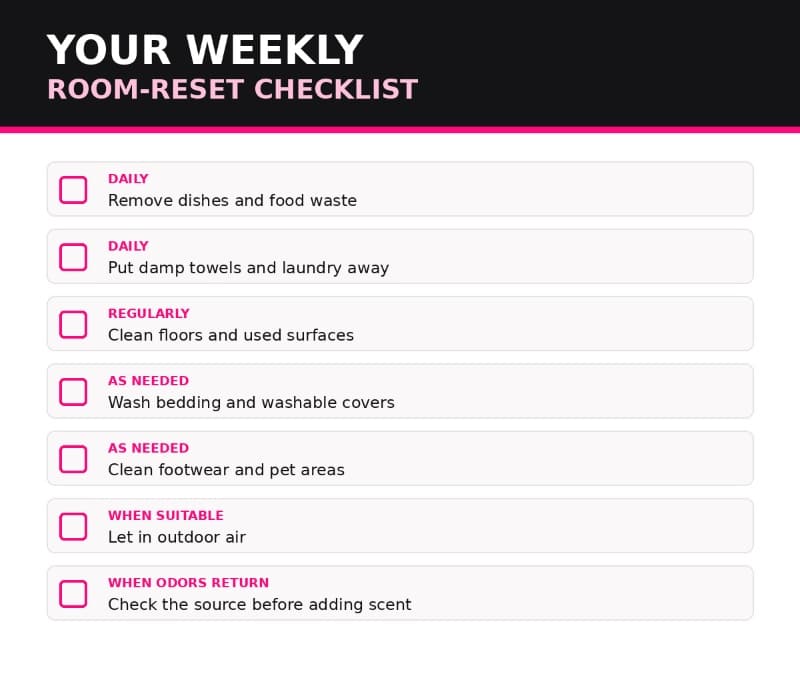 Weekly room cleaning checklist covering laundry, bedding, waste removal, ventilation and odor prevention.