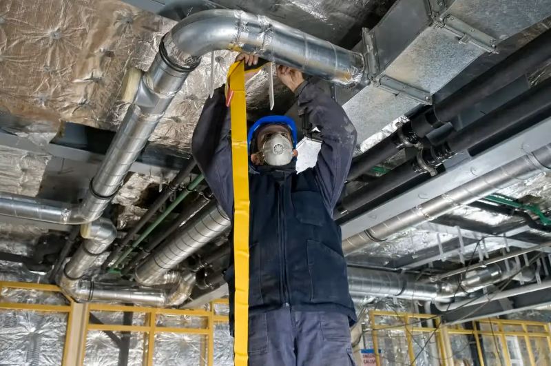 Maintaining Comfort with Professional HVAC Services HVAC technician inspecting overhead metal ductwork and ventilation pipes during a professional ductwork evaluation.