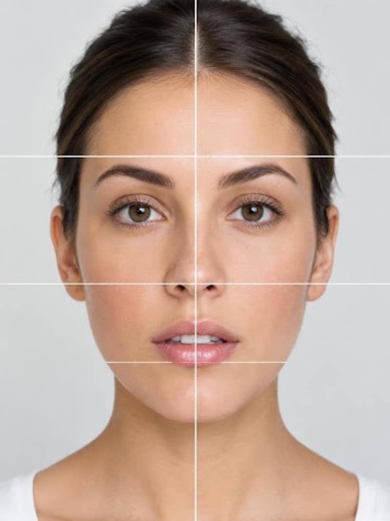 Front view of a woman's face with horizontal and vertical guide lines showing facial thirds and midline symmetry.