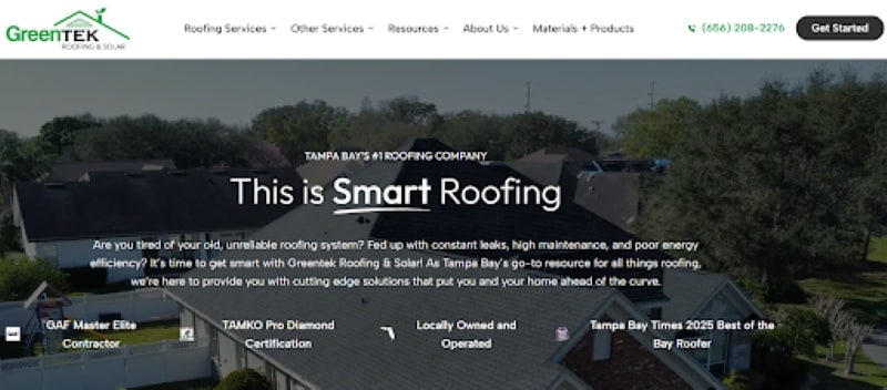 GreenTek Roofing & Solar website featuring roof repair, replacement and metal roofing services in Tampa Bay.