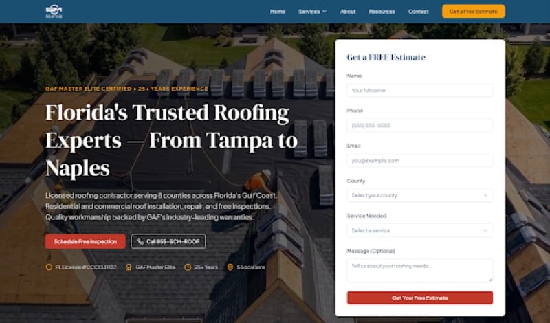 SCM Roofing website showing roof repair services and a free estimate form for Florida homeowners.