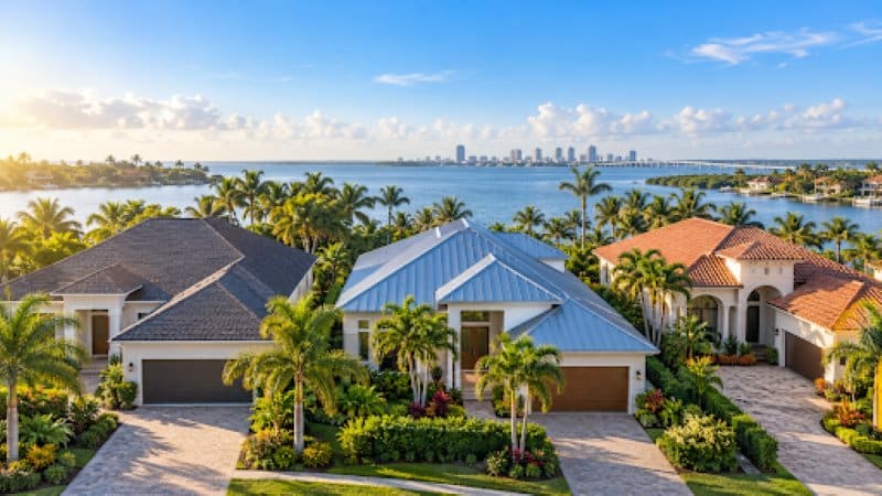 Top 4 Tampa Bay Roofing Companies for Repair and Replacement Waterfront homes in Tampa Bay with shingle, metal and tile roofs surrounded by palm trees.