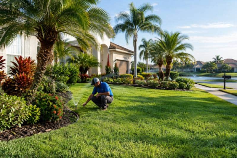 4 Businesses That Help Create A Healthier Tampa Yard Landscaping professional inspecting a green Tampa yard with lawn sprinklers, palm trees, and garden beds outside a residential home.