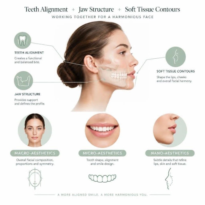 Facial aesthetics and orthodontics diagram showing teeth alignment, jaw structure, soft tissue contours, and facial proportions.