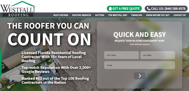 Westfall Roofing website highlighting roof replacement services and a free roofing estimate form.